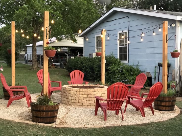 fit pit backyard setup with lights and chairs outside a park model
